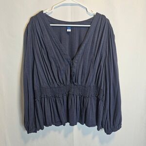 Old Navy 3X Womens Top Blue Long Sleeve V Neck Button Front Smocked Waist 3x